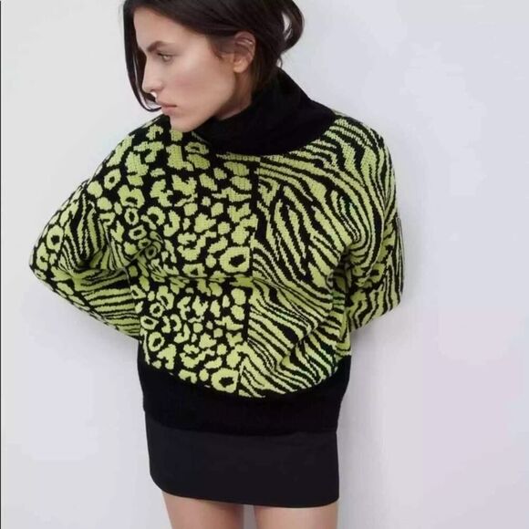 Zara Sweaters - Zara Black and Neon Green Animal Print Turtleneck Sweater